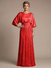 Bateau Neck Satin Evening Gown with 3/4 Batwing Sleeves Mother of The Bride Dresses