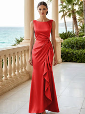 Dusty Blue Scoop Neck Evening Dress with Ruffle Mermaid Maxi Dress