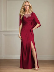 Sheath/Column Satin Scoop Neck Cap Sleeves Floor Length Mother Of The Bride Dresses