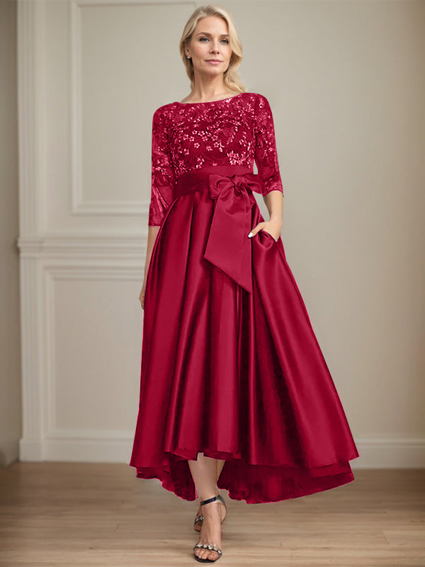 A-line Scoop Illusion Asymmetrical Satin Lace Mother of the Bride Dress With Bow