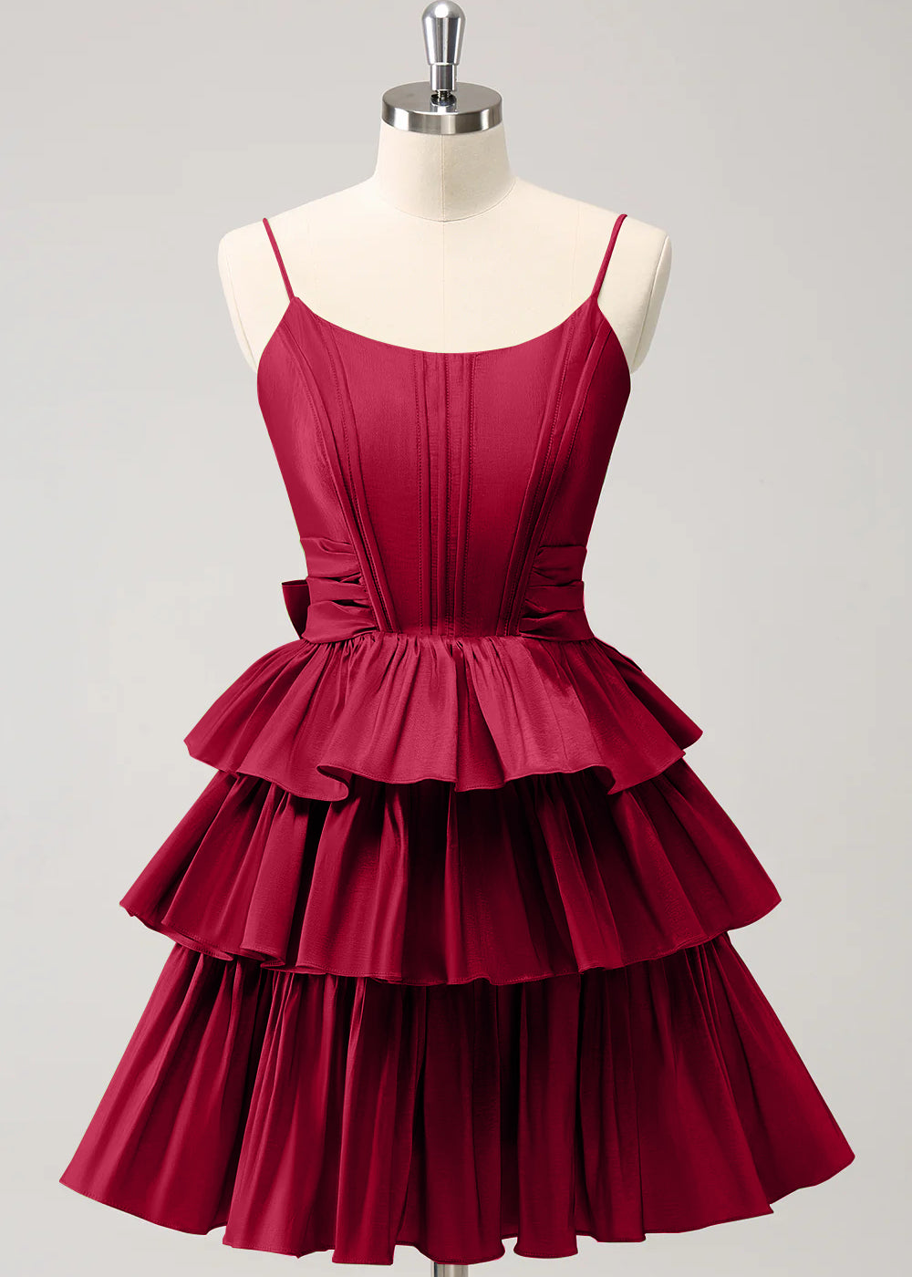 Hot Pink A Line Spaghetti Straps Corset Tiered Ruffle Homecoming Dress with Bow