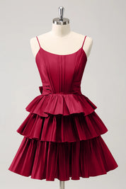 Hot Pink A Line Spaghetti Straps Corset Tiered Ruffle Homecoming Dress with Bow
