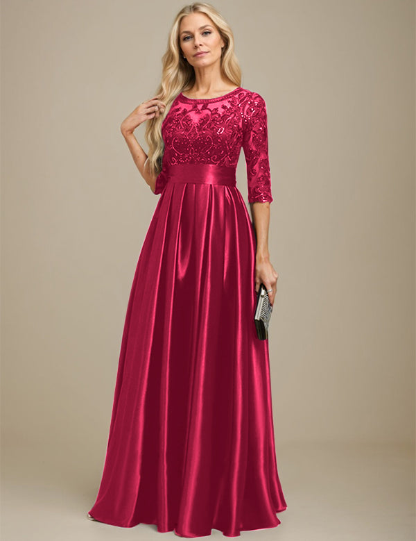 A-line Scoop Illusion Floor-Length Stretch Satin Lace Mother of the Bride Dress With Bow Sequins