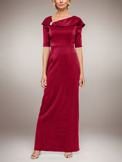 Long Shimmer Column Dress with Foldover Cuff L-Neckline and Elbow Sleeves