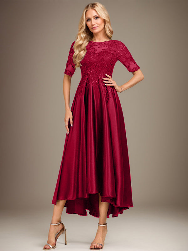 A-line Scoop Illusion Asymmetrical Stretch Satin Lace Mother of the Bride Dress With Sequins