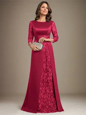 A-Line Scoop Floor-Length Lace Satin Mother Of the Bride Dress With Applique