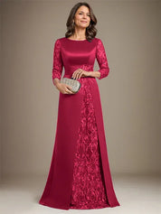 Robe de mère de la mariée en satin et dentelle, coupe trapèze, longueur au sol, avec appliques 