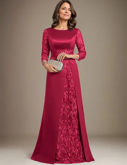 Robe de mère de la mariée en satin et dentelle, coupe trapèze, longueur au sol, avec appliques 
