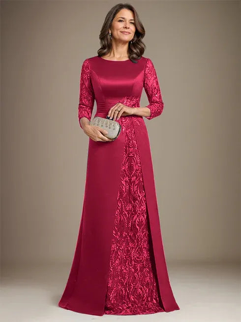 Robe de mère de la mariée en satin et dentelle, coupe trapèze, longueur au sol, avec appliques 