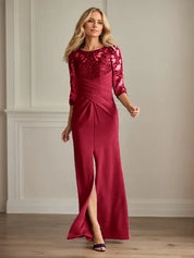 Robe fourreau en crêpe extensible prune pour mère de la mariée 