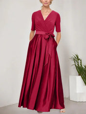 Surplice Neckline Ballgown with Full Satin Skirt & Jersey Bodice