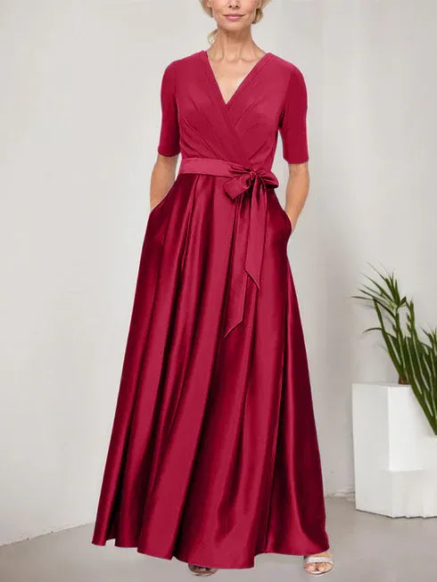 Surplice Neckline Ballgown with Full Satin Skirt & Jersey Bodice
