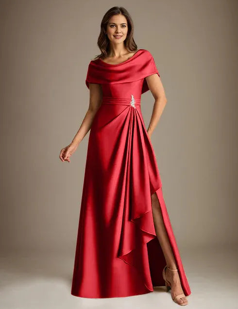 A-Line Scoop Floor-Length Stretch Satin Mother of the Bride Dress With Cascading Ruffles