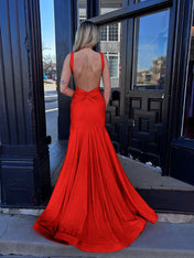 Coral Plunging V-Neck Sheath Prom Dress with Slit