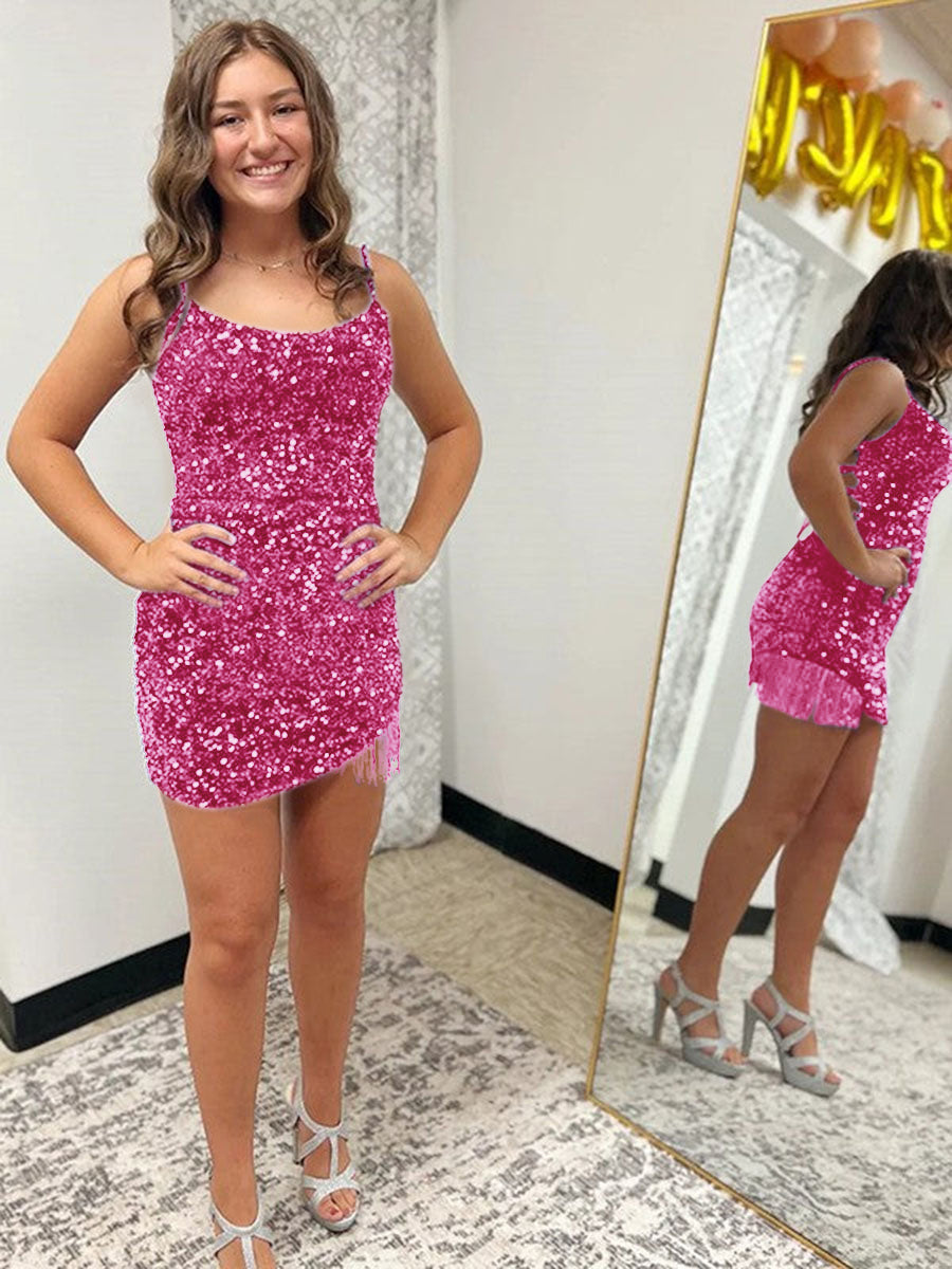 Royal Blue Fitted Spaghetti Straps Short Sequin Homecoming Dress