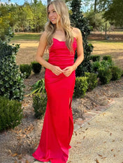 Black Mermaid Strapless V-Neck Satin Pleated Long Prom Dress with Slit