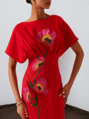 Red 3D Floral Appliqué Boat Neck Short Sleeve Backless Sheath Maxi Dress