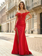 Red 3D Floral Off-the-Shoulder Satin Long Prom Dress with Slit
