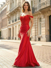 Red 3D Floral Off-the-Shoulder Satin Long Prom Dress with Slit