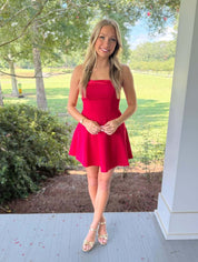 Red A Line Halter Short Satin Homecoming Dress
