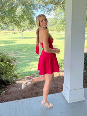 Red A Line Halter Short Satin Homecoming Dress
