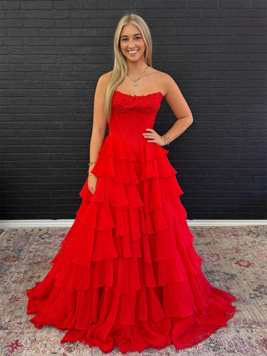 Red Ruffle Prom Dress Dreamylily Prom Dress Red A Line Strapless Long Tiered Ruffle Ball Gown