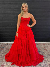 Red A Line Strapless Long Tiered Ruffle Prom Dress