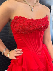 Red A Line Strapless Long Tiered Ruffle Prom Dress