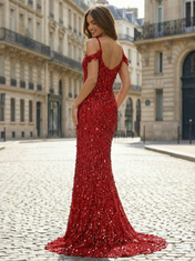 Red Beaded Cold-Shoulder Prom Dress with Thigh-High Slit