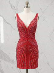 Red Deep V-Neck Allover Rhinestone Starburst Bodycon Short Homecoming Dress