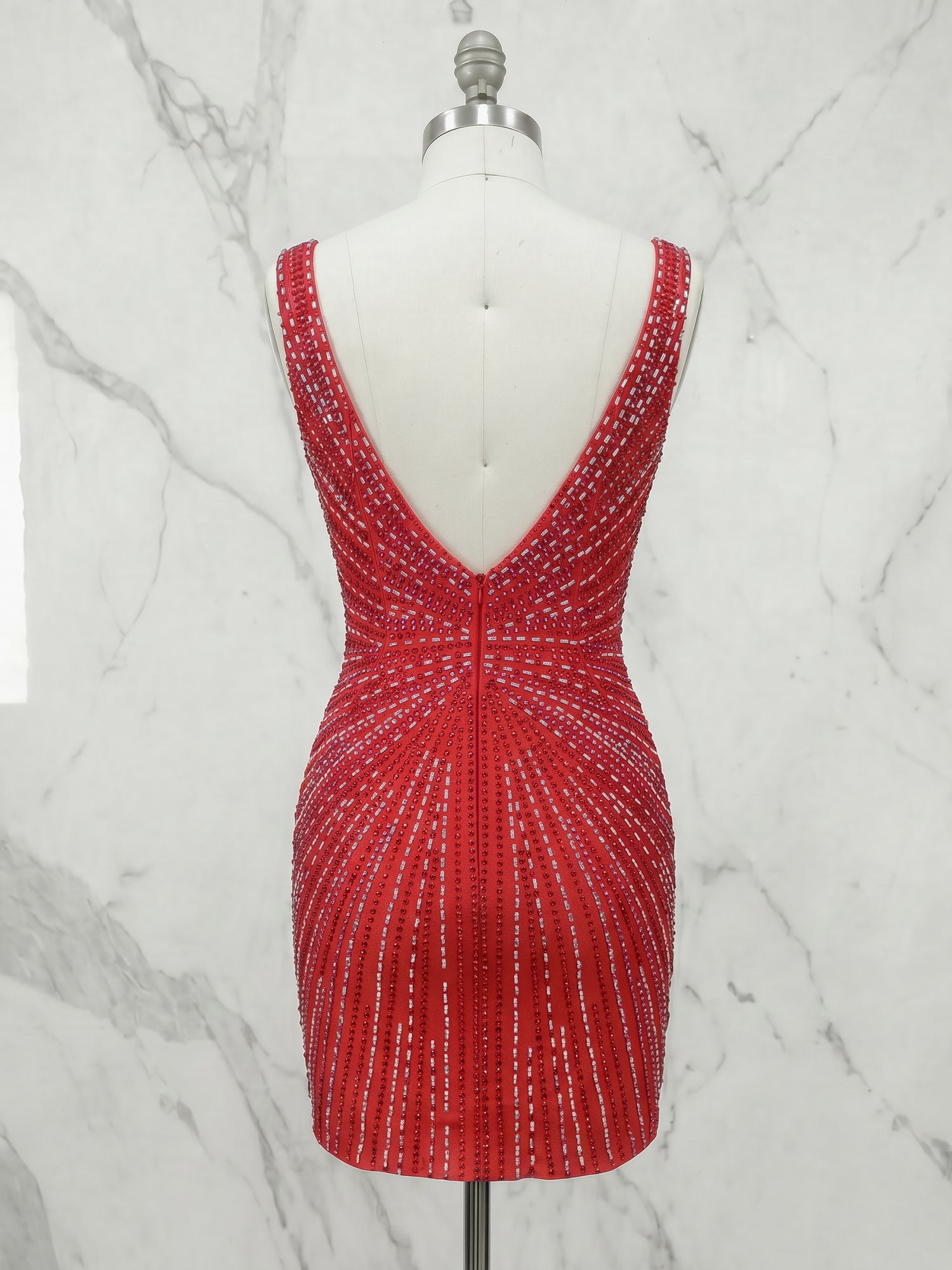 Red Deep V-Neck Allover Rhinestone Starburst Bodycon Short Homecoming Dress