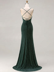 Red Glitter Ruched Spaghetti Strap Prom Dress with Slit
