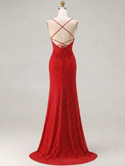 Red Glitter Ruched Spaghetti Strap Prom Dress with Slit