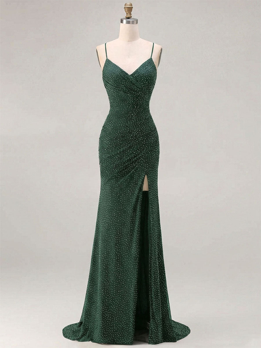 Red Glitter Ruched Spaghetti Strap Prom Dress with Slit