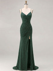 Red Glitter Ruched Spaghetti Strap Prom Dress with Slit