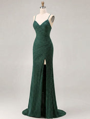 Red Glitter Ruched Spaghetti Strap Prom Dress with Slit