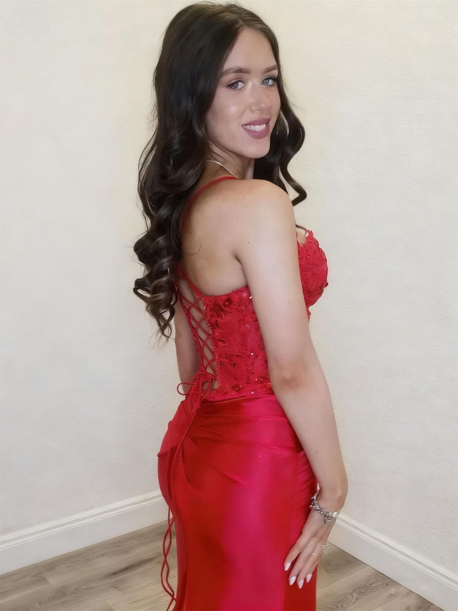 Red Mermaid Keyhole Bodice Lace-Up Back Prom Dress