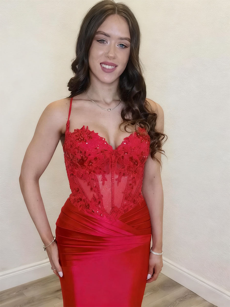 Red Mermaid Keyhole Bodice Lace-Up Back Prom Dress