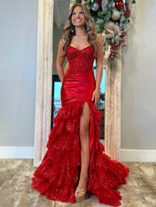 Red Mermaid Strapless Long Satin Prom Dress with Tiered Ruffle Skirt