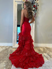 Red Mermaid Strapless Long Satin Prom Dress with Tiered Ruffle Skirt
