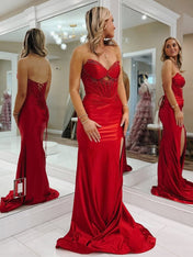 Red Mermaid Strapless Satin Long Prom Dress with Slit