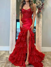Red Mermaid Strapless Tiered Ruffle Long Satin Prom Dress with Slit