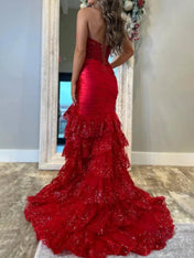 Red Mermaid Strapless Tiered Ruffle Long Satin Prom Dress with Slit