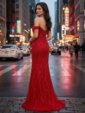 Red Off-the-Shoulder Beaded Tulle Prom Dress with Swirling Sequins