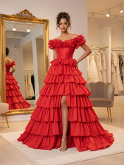 Red Off The Shoulder Ruffle Tiered Corset Long Prom Dress