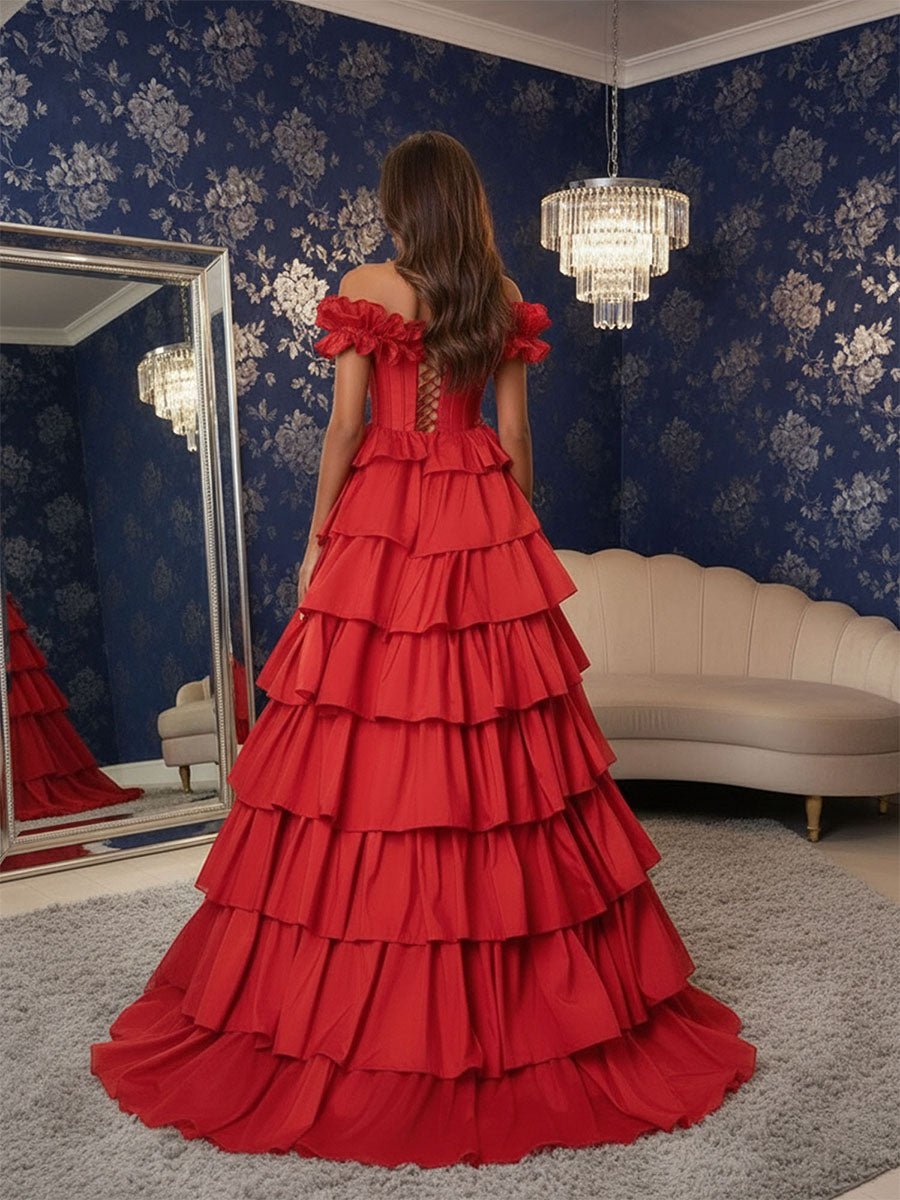 Red Off The Shoulder Ruffle Tiered Corset Long Prom Dress