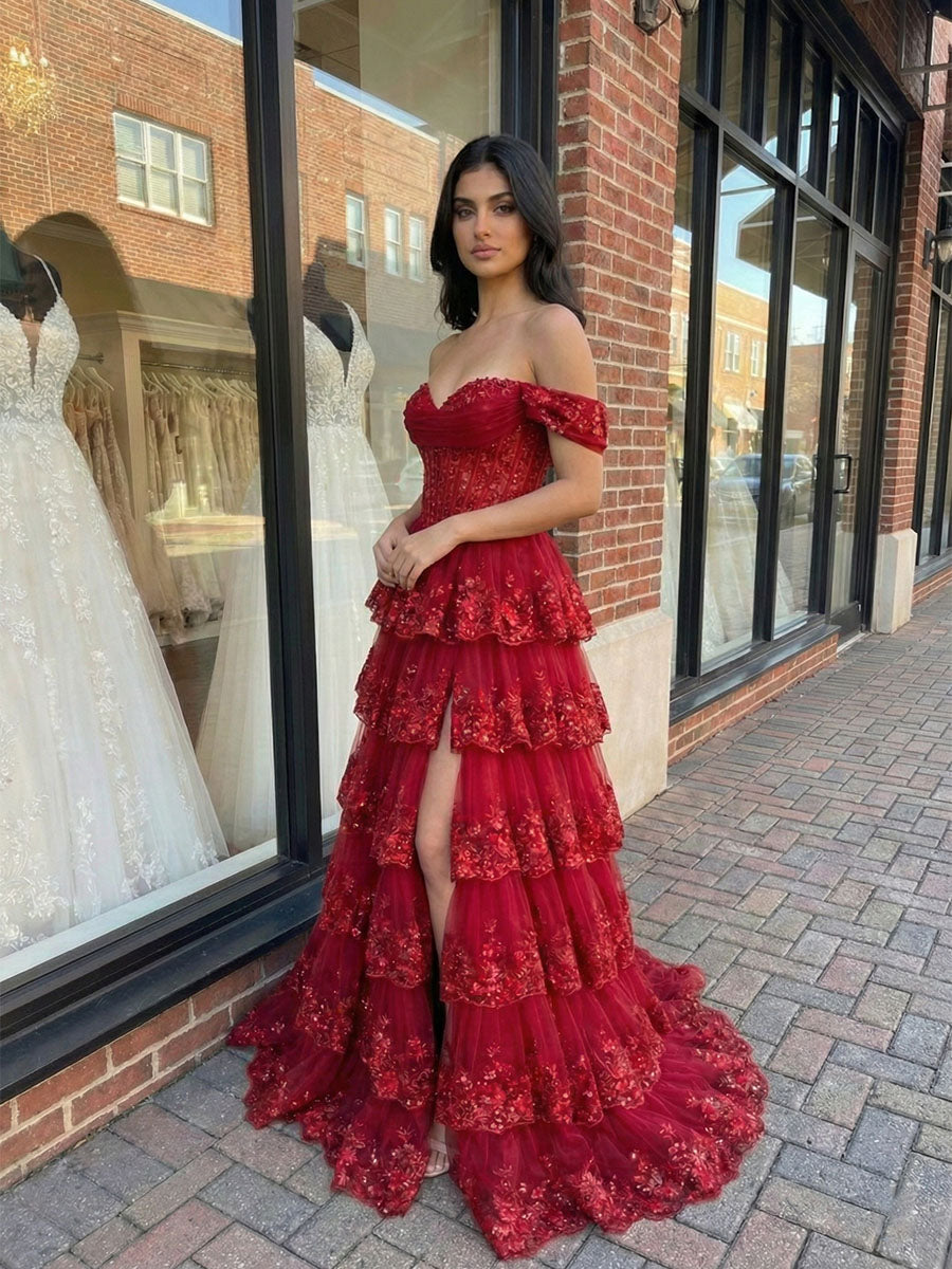 Red Off The Shoulder Tiered Ruffle Corset Prom Dress with Slit