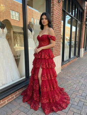 Red Off The Shoulder Tiered Ruffle Corset Prom Dress with Slit