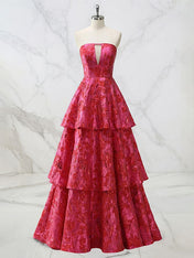 Red Plunging Strapless Tiered Brocade Prom Dress