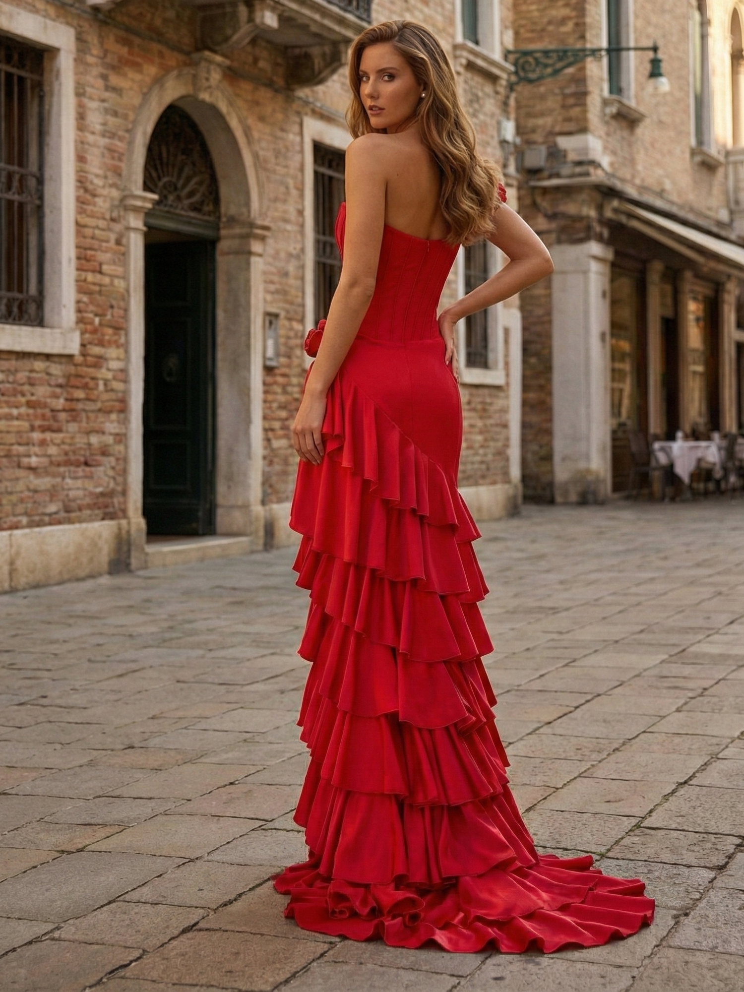 Red Ruffled Corset High-Low Long Prom Dress with Rosette